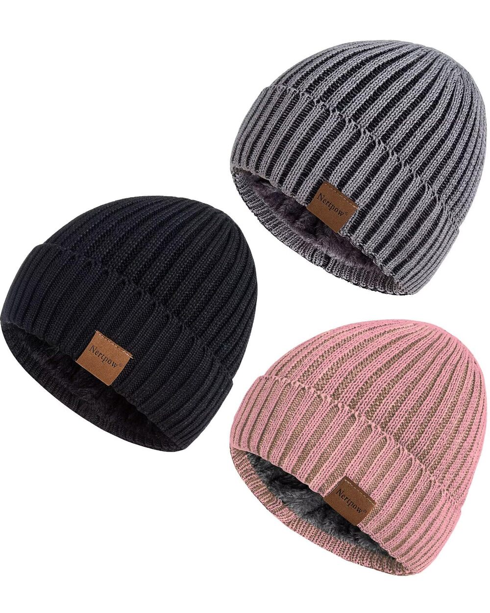 2381 Beanie Hats 3 Pack, Winter Hats Warm Thermal Fleece Lined, Thick Knit
